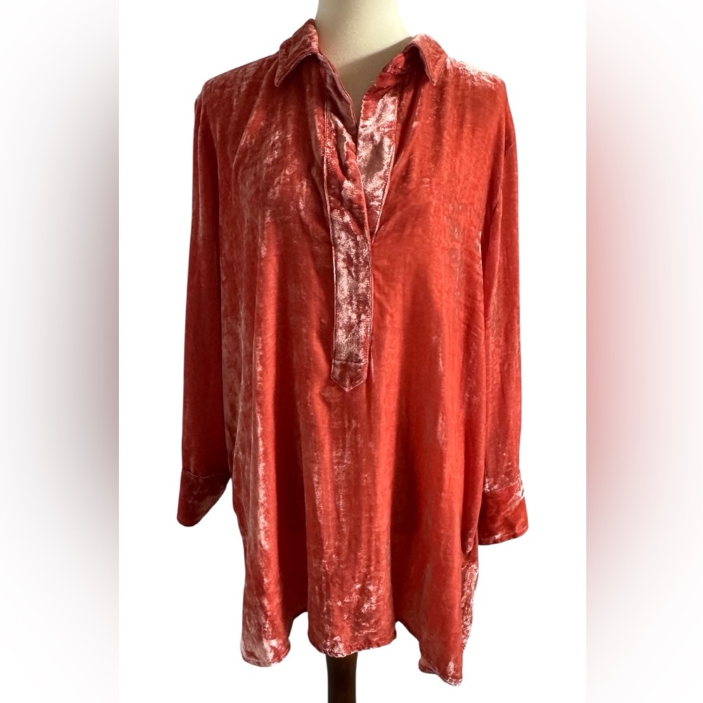 John Mark Orange Crushed Velvet 3/4 Sleeve V Neck Tunic Blouse Size XL